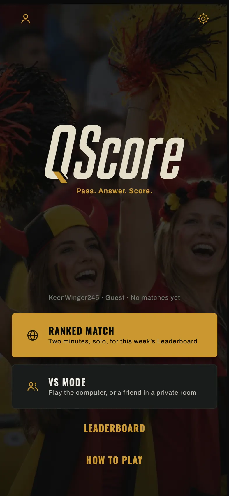 The QScore home screen with Ranked Match, VS Mode, Leaderboard and How to Play.