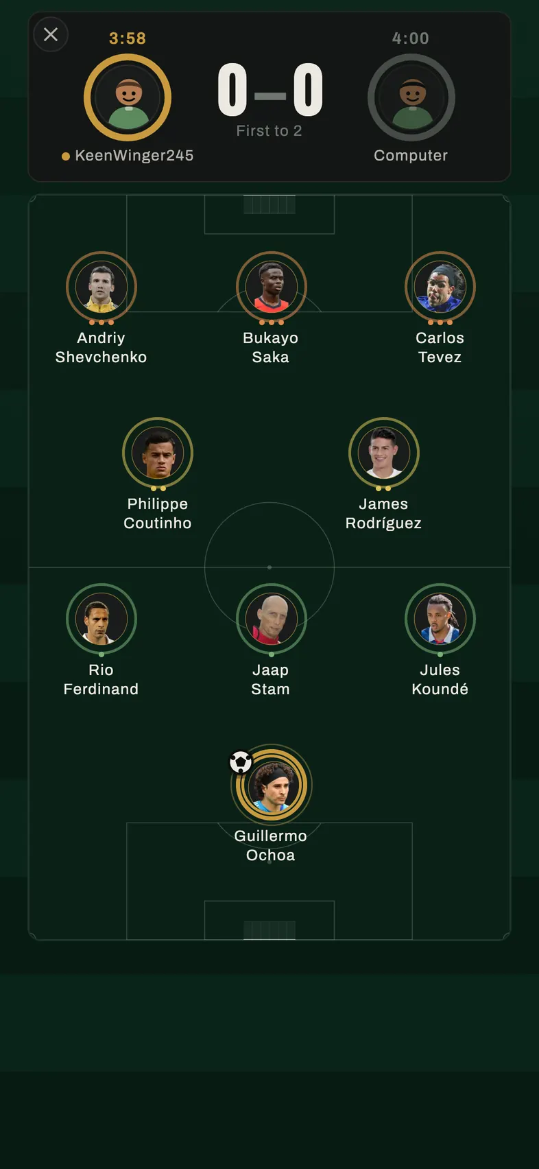 A QScore match: your nine-player squad laid out on a pitch, the keeper holding the ball, with the score and both players' clocks above.