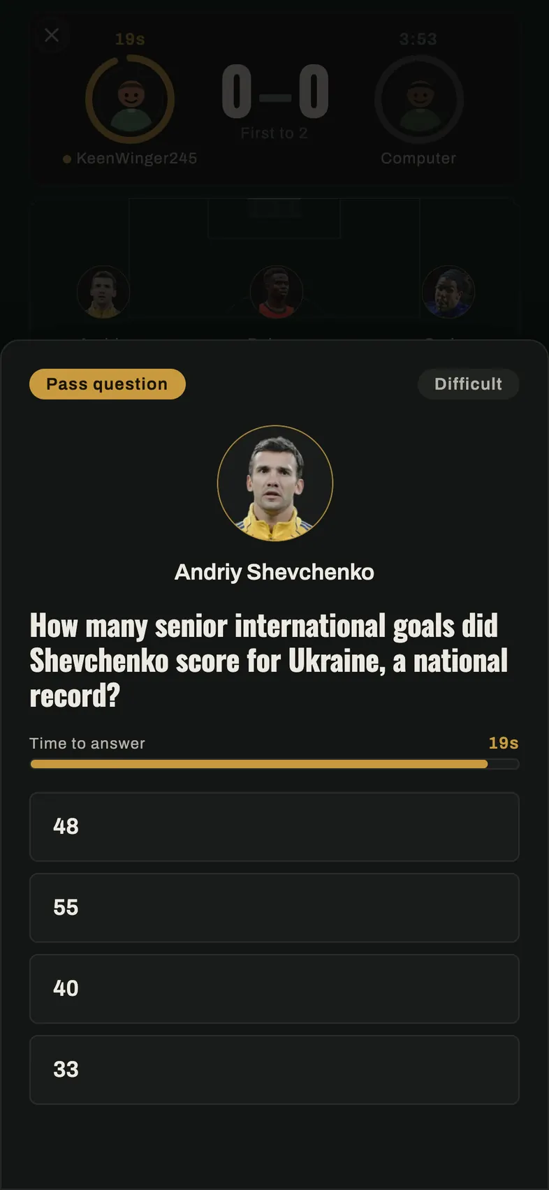 A pass question about the receiving player, with a countdown bar and answer options.
